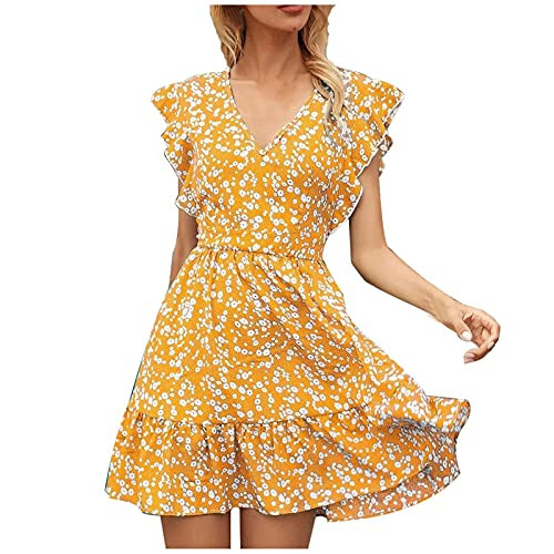 Elneeya Women Summer Dresses Fashion Floral Casual Short Sleeve V-Neck Sundress Loose Knee-Length Dress Flowy Swing Dress Yellow