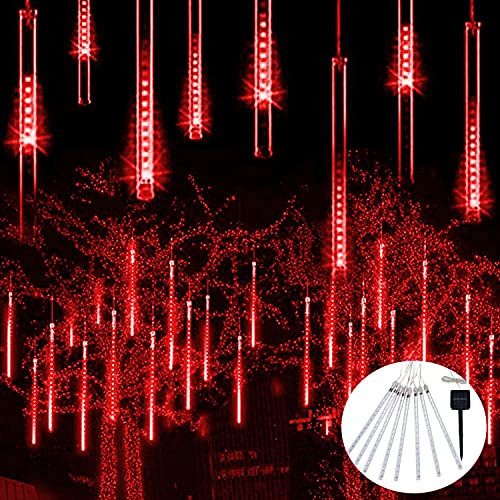 JMEXSUSS Solar Meteor Shower Rain Lights, 30cm 8 Tube 144 LEDs Red Meteor Lights, Led Falling Rain Fairy String Lights for Xmas Tree Weeding Holiday Party Patio Decoration