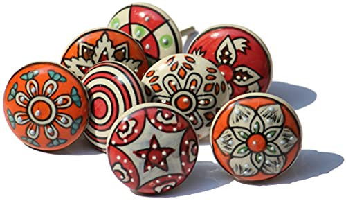 OwlKraft Set of 6 Handmade Red and Orange Mix Shade Theme Flat Ceramic Knobs - Cabinet knobs - Drawer knobs - Cabinet pulls - Door knobs