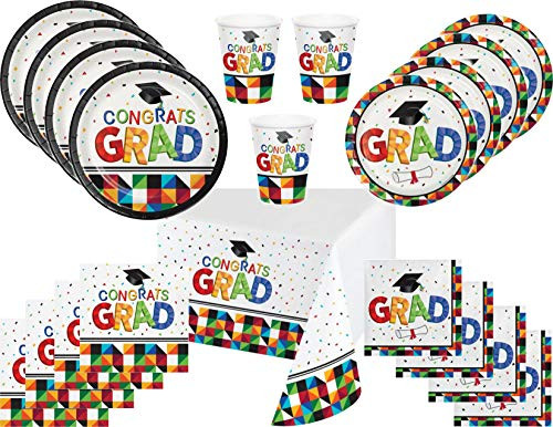 Graduation Theme Multicolor Party Supply Bundle for 32 Guests - Fractal Fun - Includes Plates, Napkins, Cups and Tablecover