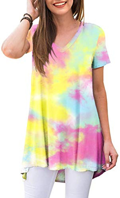 POPYOUNG Women's Summer Casual T-Shirt V-Neck Short Sleeve Tunic Tops for Leggings Loose Blouse Shirt XL, Yellow Tie dye