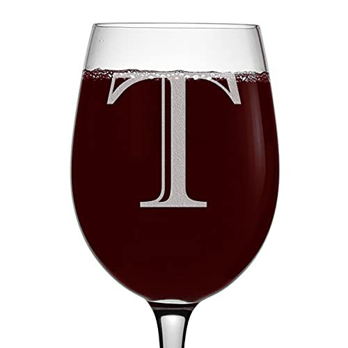 Etched Monogram 16oz Stemmed Wine Glass -Letter T-