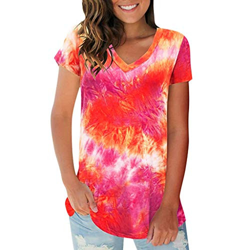 Tie Dye Shirt Women Basic V Neck Short Sleeve T Shirts Summer Casual Plus Size Tops for Women Ulanda Tops Red