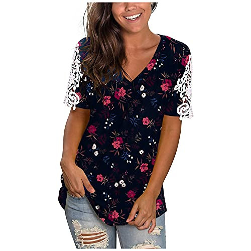 Women's V Neck Short Sleeve Lace Shirts Blouses Vintage Elegant Tunic Tops