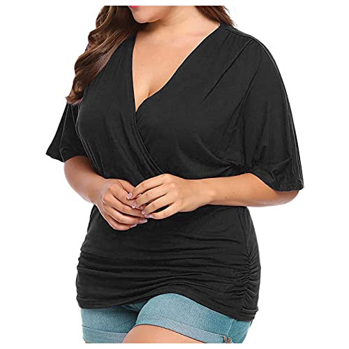 Women Solid Color Short Sleeve Pullover Tops Summer Wrap V-Neck Ruched Casual Tee Shirts Blouse