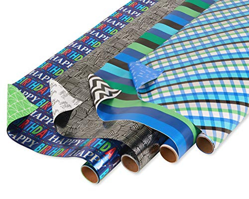 American Greetings Reversible Birthday Wrapping Paper, Plaid and Stripes, 120 sq ft, Pack of 4