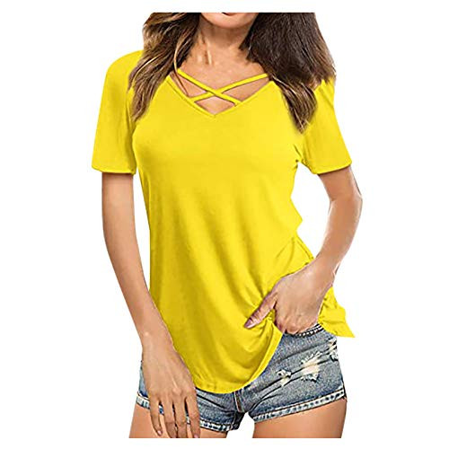 Womens T-Shirt Casual V Neck Short Sleeve Criss Cross Tops Summer Loose Blouses T Shirt Tees Yellow