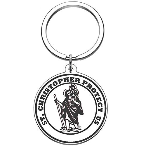 Patron Saints Antiqued St. Christopher Medal Mens Womens Stainless Steel Keychain Protect Us Key Ring
