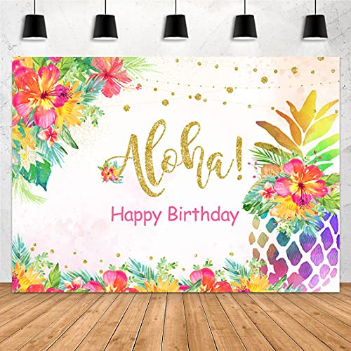Aperturee Summer Aloha Luau Backdrop 7x5ft Happy Birthday Pineapple Tropical Floral Hawaiian Gold Dots Photography Baclground Party Decoration Banner Cake Table Photo Studio Booth Props Supplies