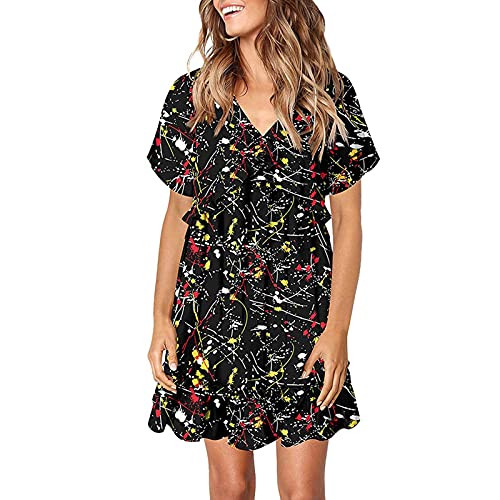 Women's Summer V Neck Ruffle Bohemian Floral Print Mini Dress Loose Swing Casual Short T-Shirt Dress Women's Summer V Neck Ruffle Bohemian Floral Print Mini Dress Loose Swing Casual Short T-Shirt Dress