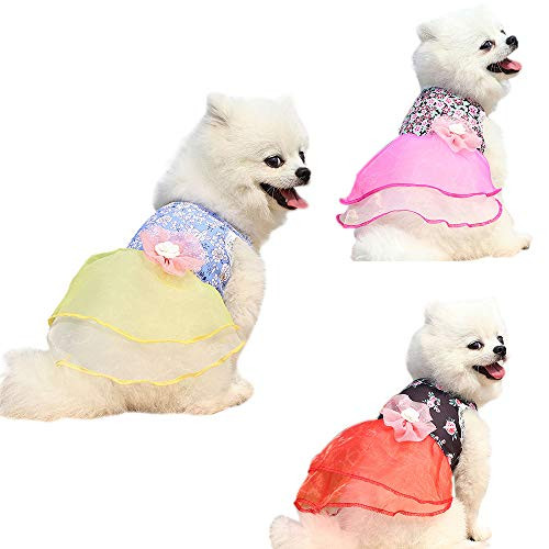 Sebaoyu Set of 3 Dog Dresses for Small Dogs Summer Girl Dog Clothes Apparel Pet Wedding Dress Cat Skirt Costume Cute Tutu Princess Outfits Flower Pattern Puppy Clothing -Blue/Pink/red, Medium-