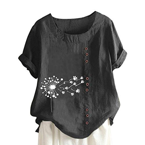 Tee Shirts Women, Linen Shirts O-Neck Short Sleeve Dandelion Print Vintage Blouse Tunic Pullover Casual Buttons Tops