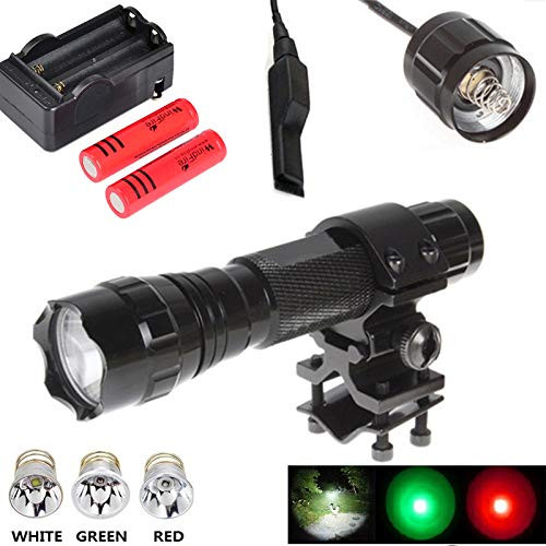 WINDFIRE WF-501B CREE XML-L2 LED Tactical Flashlight with Red Green LED Modules for Coyote Hog Predator Hunting Rechargeable Hunting Flashlight + Remote Pressure Switch,Barrel Mount,18650 Batteries