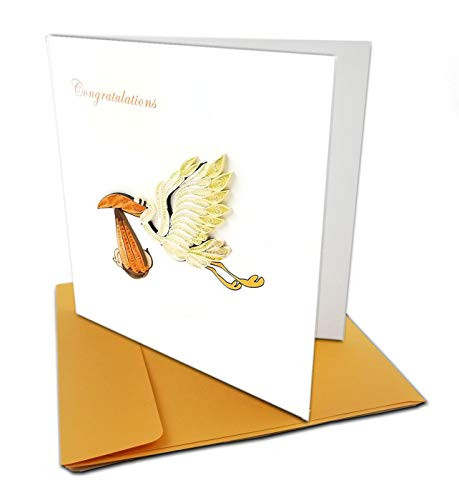Stork Delivery "Congratulations" Quilling Greeting Card, 6x6" with Envelope. Blank Inside. Hand-made. Suitable for Framing.
