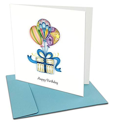 Balloon Surprise "Happy Birthday" Quilling Greeting Card, 6x6" with Envelope. Blank Inside. Hand-made. Suitable for Framing.