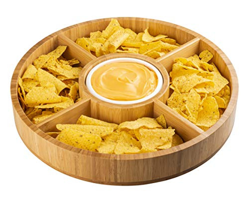 Strova 15 Inch Wood Bamboo Chip and Dip Serving Platter Set w/Ceramic Dip Bowl | Round & Large Chips Bowl Appetizer Server for Event Use | Salsa, Taco Chip, Guacamole, and Snacks Serving Tray
