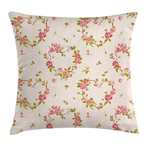 Ambesonne Floral Throw Pillow Cushion Cover, Shabby Form Style Flowers Blossoms on Branches Spring Theme Nature Pattern, Decorative Square Accent Pillow Case, 20" X 20", Pink Green