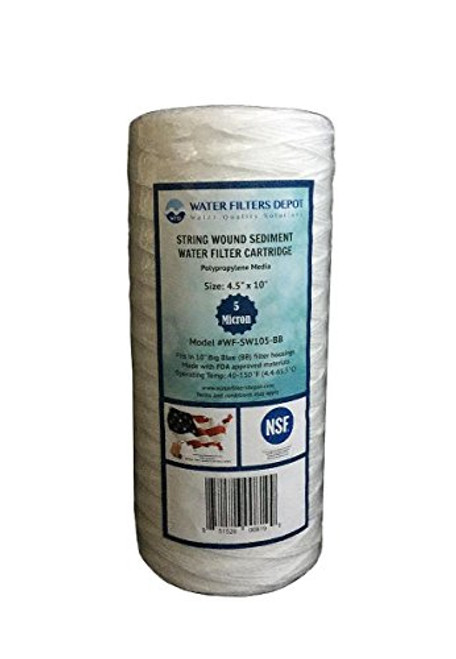 WFD, WF-SW105-BB 4.5"x10" 5 Micron String Wound Sediment Water Filter Cartridge, Fits in 10" Big Blue -BB- Housings of Whole House Filter Systems -1 Pack, 5 Micron- WFD, WF-SW105-BB 4.5"x10" 5 Micron String Wound Sediment Water Filter Cartridge, Fits in 10" Big Blue -BB- Housings of Whole House Filter Systems -1 Pack, 5 Micron-
