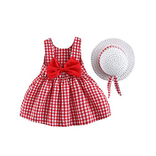 Baby Girls Plaid Tutu Dress Summer Sleeveless Backless Princess Birthday Party Dresses Toddler Little Girl First Communion Pageant Flower Bowknot Sundress with Straw Hat Outfit Clothes Red 12-18M