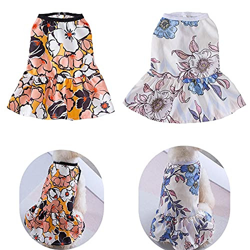 Sebaoyu 2 Pack Dog Dresses For Small Dogs Summer Cute Tutu Princess Dress Girl Dog Clothes Apparel Pet Wedding Dress Cat Skirt Costume Outfits Big Flower Pattern Puppy Clothing -White/Orange, X-Small-