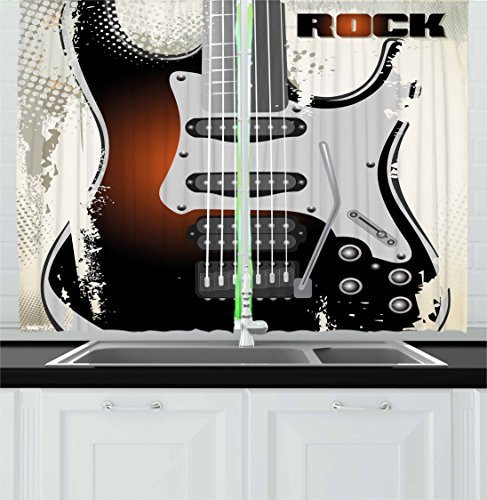Ambesonne Rock Music Kitchen Curtains, Detailed Guitar Pattern with Strings Retro Halftone Background Abstract Grunge, Window Drapes 2 Panel Set for Kitchen Cafe Decor, 55" X 39", Black Cream