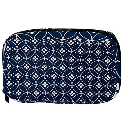 Inhomer Toiletry Bags for Women Japanese Traditional Royal Blue Geometric Button Pattern Travel Cosmetic Makeup Pouch Handy Pencil Cases