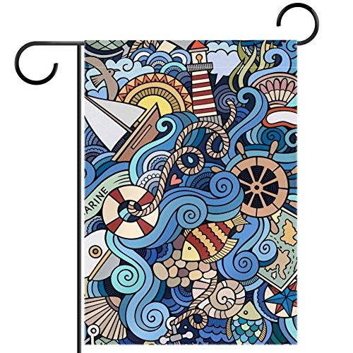Garden Flag Cartoon Marine Style Wave Wheel Pattern Double Sided Garden Banner 12x18 inches Polyester Flag for Yard Outdoor Lawn Decorative