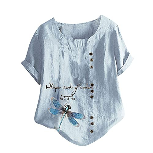 Women Summer Cotton Linen Tshirt Top Trendy Dragonfly Vintage Loose Fit Tunic Tee Short Sleeve Plus Size Button Blouse