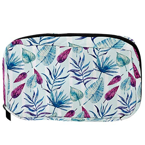Inhomer Toiletry Bags for Women Blue Pink Tropical Leaves Travel Cosmetic Makeup Pouch Handy Pencil Cases