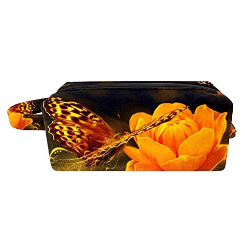 Makeup Bag Travel Cosmetic Bag Flower Orange Butterfly Toiletry Bag Organizer Pouch with Zipper and Handle