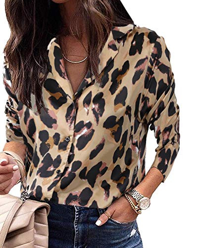 Imysty Womens Leopard Print V Neck Shirts Blouses Casual Long Sleeve Button Down Tunic Tops -Small, A6-Yellow-