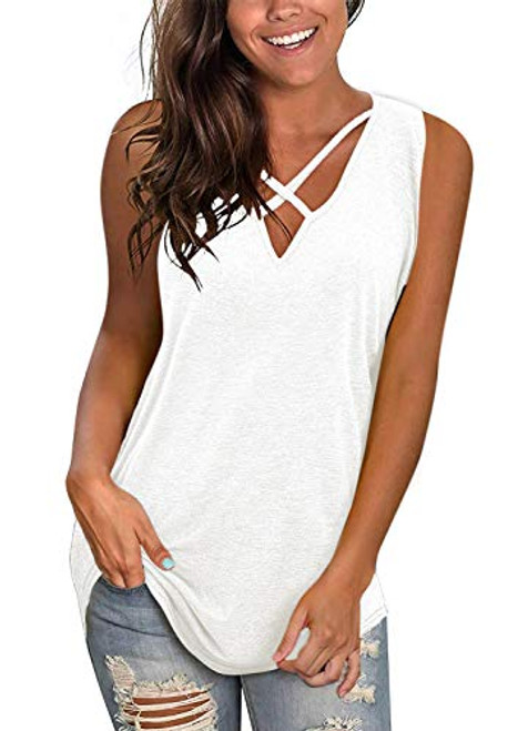 Womens Sexy V Neck Tank Tops Casual Sleeveless T Shirts Tops Summer Criss Cross Cotton Loose Regular T-Shirts Tees White Womens Sexy V Neck Tank Tops Casual Sleeveless T Shirts Tops Summer Criss Cross Cotton Loose Regular T-Shirts Tees White