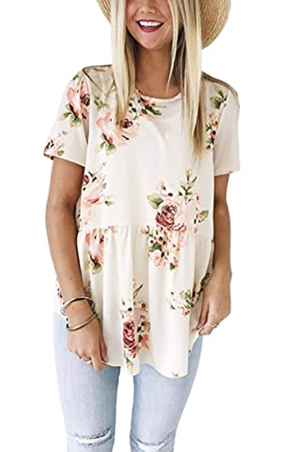 Hibluco Women's Summer Tops Short Sleeve Round Neck Floral Print Shirt Tunic Blouse White