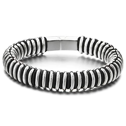 COOLSTEELANDBEYOND Mens Stainless Steel Cable Link Interwoven with Black Silicone Bracelet Bangle Wristband, Unique