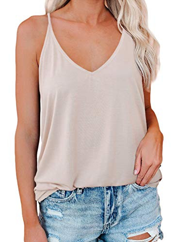 Samefar Women Ladies Begie V Neck Sleeveless Shirts Loose Flowy Cami Tank Tops Vest Strappy Blouses Work Medium