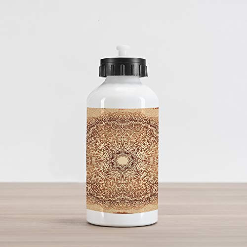 Ambesonne Brown Mandala Aluminum Water Bottle, Vintage Ornate with Abstract Leaves on Silhouette Background, Aluminum Insulated Spill-Proof Travel Sports Water Bottle, Brown Ginger Beige