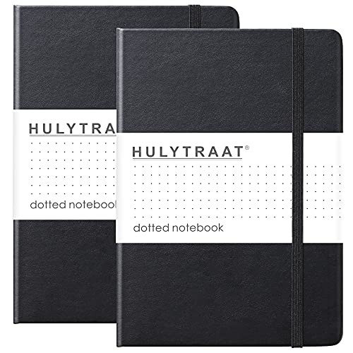 HULYTRAAT Classic Dotted Notebook -Pack of 2-, Premium Hard Cover Faux Leather Journal, 5.7 x 8", 120 gsm Ivory White Acid-Free Paper, 160 Dot Grid Pages per Book, Black