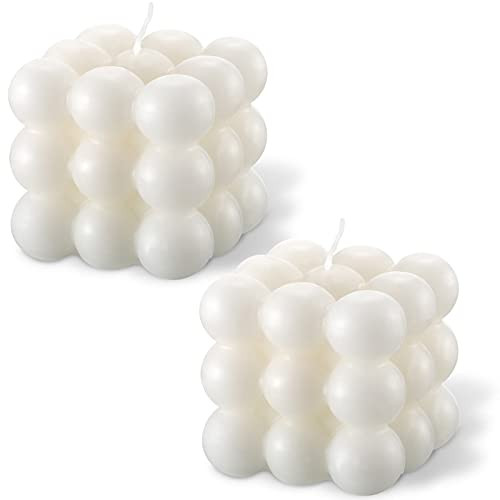 2 Pieces Bubble Cube Scented Candle Bubble Cube Soy Wax Candle Hand Poured Scented Candle Home Decor Candle Sculptural Handmade Cube Scented Candle for Bedroom Bathroom Decorations -White-