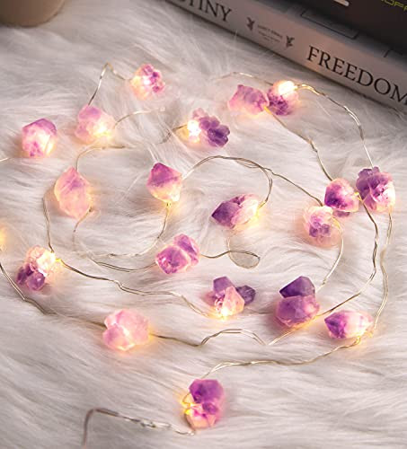 Genuine Natural Amethyst String Lights, 6.5ft 20 LEDs Healing Crystal Raw Stones Decor for Reiki Ornaments Witchy Spiritual Room Home Bedroom Party Indoor Christmas Wedding Decor