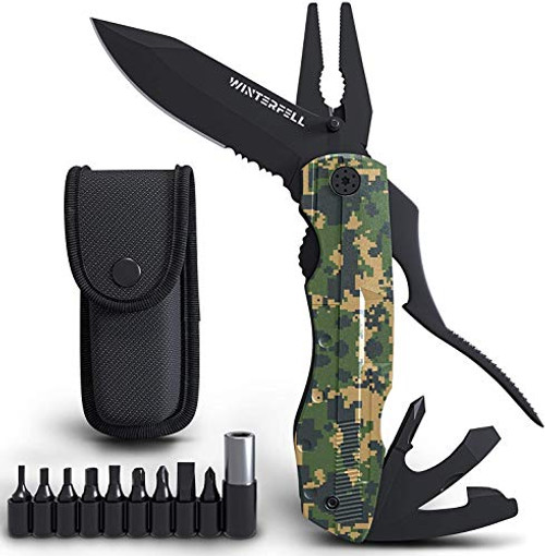 Winterfell Stainless Steel Multitool Knife - Portable Folding Knife - Durable 9 in 1 Multi Tool - Premium Quality Pocket Knives For Men - Outdoor Survival Multitool Pliers - Camping Knife -Camo-