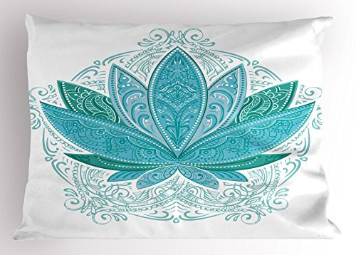 Ambesonne Lotus Pillow Sham, Lotus Flower with Ornaments Exotic Petals Mehndi Traditional Boho Design, Decorative Standard Size Printed Pillowcase, 26" X 20", Sky Blue