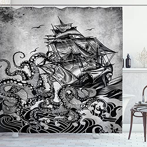 Ambesonne Nautical Shower Curtain, Monochromatic Marine Design of Kraken Octopus Tentacles Around Ship, Cloth Fabric Bathroom Decor Set with Hooks, 70" Long, Charcoal Grey