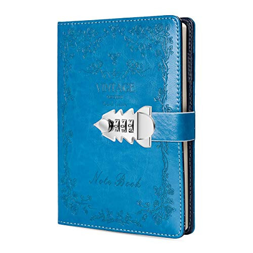 ARRLSDB Lock Journal Combination Lock Writing Travel Diary A5 PU Leather Password Notebook Locking Personal Diary -Sky Blue-