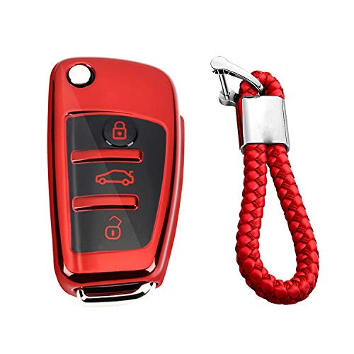 MissBlue Soft Car Key Fob Cover for Audi A1 Audi A3 Audi S3 Audi Q3 Audi Q7 Audi R8 Audi TT Car Remote Key Case Protector Glossy TPU - Red - Braided Keychain