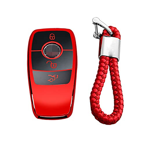 MissBlue Soft Car Key Fob Cover for Mercedes-Benz E Class Mercedes E Class Car Remote Key Case Protector Glossy TPU - Red - Braided Keychain