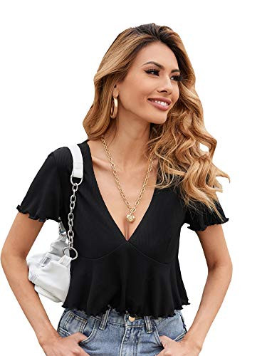 Milumia Women's Ruffle Hem Short Sleeve Blouse Crop Top V Neck Casual Solid Peplum Top Black Small