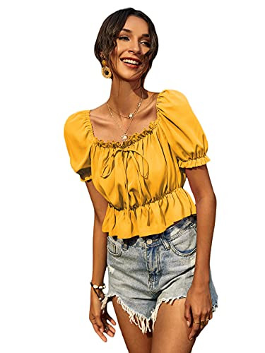 Milumia Women's Boho Square Neck Puff Sleeve Ruffle Hem Blouse Peplum Crop Top Yellow Small