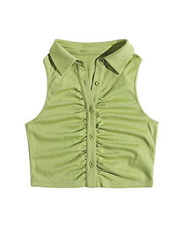MakeMeChic Women's Casual Ruched Button Front Rib Knit Crop Tank Top Green XL