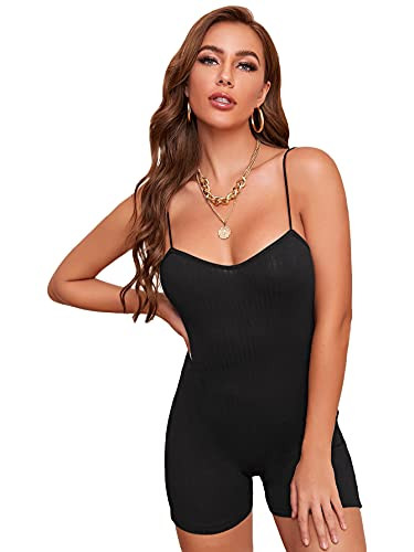 Floerns Women's Solid Rib Knit Spaghetti Strap Bodycon Short Romper Jumpsuit Black M