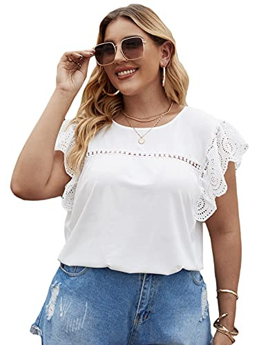 Romwe Women's Plus Size Eyelet Embroidery Ruffle Short Sleeve Round Neck T Shirt Tee Tops White 2XL